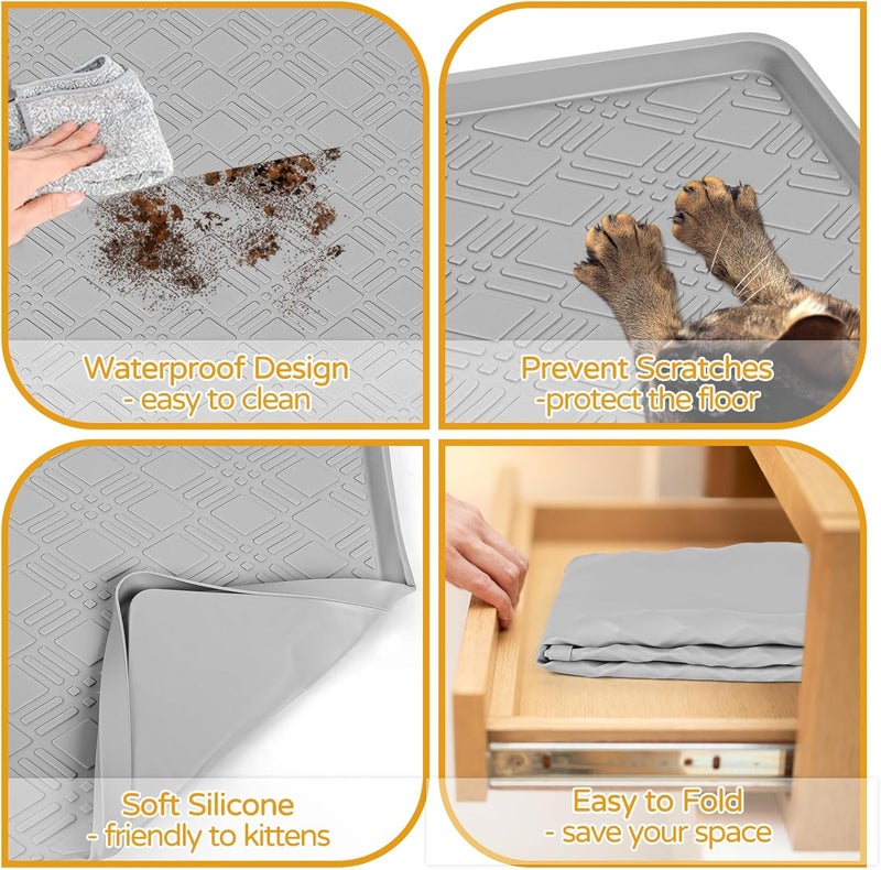 Lanstics Cat Food Mat, 42" x 29" Large Silicone Mat Cat Feeding Mat with Raised Edge Non-Slip Pet Feeding Mat for Food and Water Bowl, Easy to Clean, Floor Protection (Light Gray) - Image 3